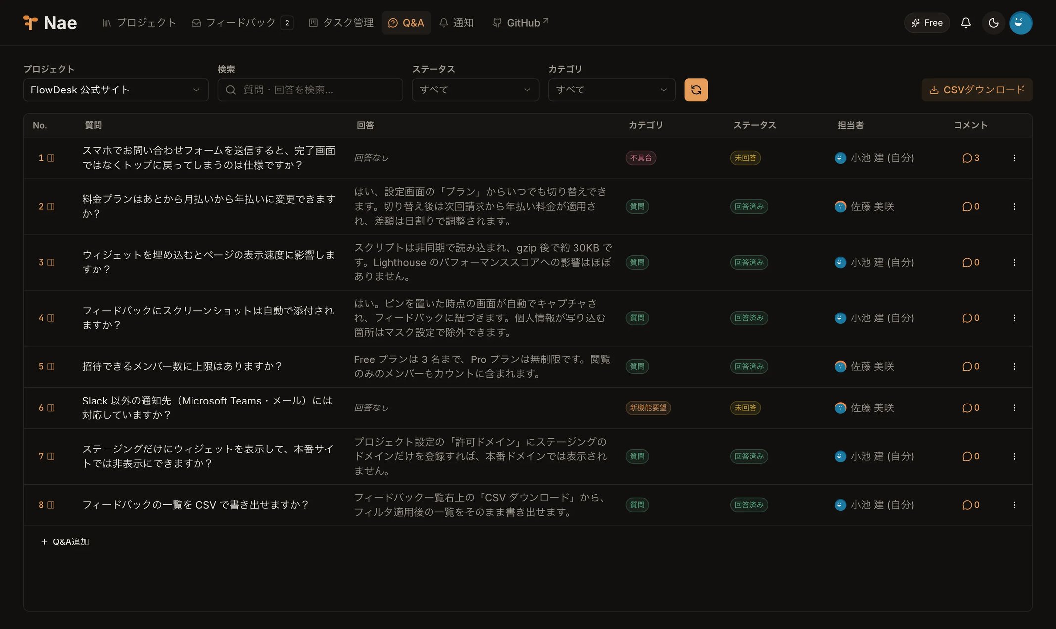 Q&A管理画面